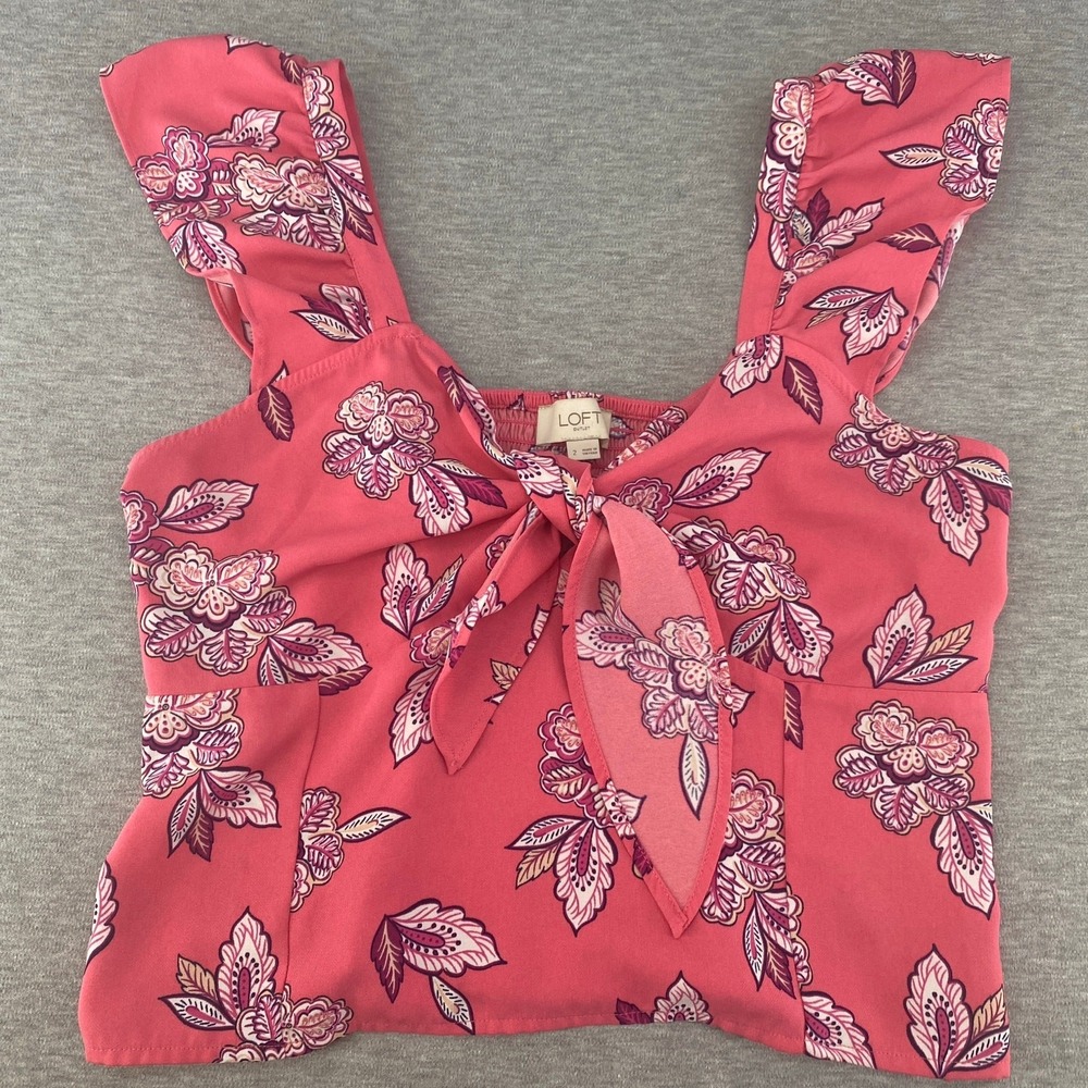 LOFT Outlet Cottagecore‎ Boho Festival Crop Top Women 2 Pink Floral Tie Front